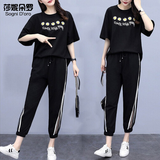 Shanidoluo suit summer clothing new product slim short-sleeved T-shirt for women's pants casual sportswear two-piece set 15911 Black 2XL Recommended 120-140Jin [Jin equals 0.5 kg] to wear
