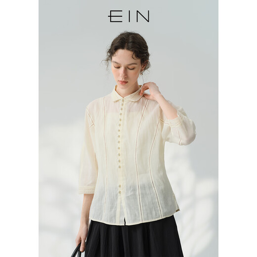 EIN Yan Jing Luxe Light Comfort Mist Three-dimensional Cutting Retro Lace Splicing Ramie Top Shirt Women's Spring and Summer New Graphite Black M