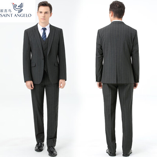 Announcement Bird Suit Suit Men's Winter Groom Wedding Dress Formal Business Casual Thick Wool Jacket Gray Stripe One Button Three-piece Set XXS 190/100A