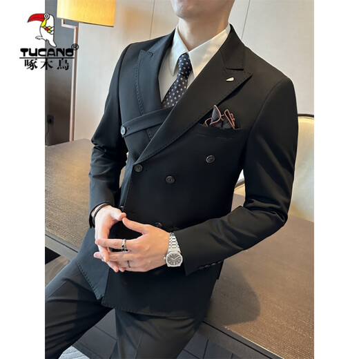 Woodpecker (TUCANO) brown double-breasted suit men's suit British slim men's large size suit three-piece wedding groom's suit trendy dark green (suit + vest + trousers) 4XL 58 (158-173Jin Jin equals 0.5 kg)
