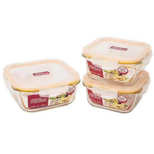 LOCK&LOCK heat-resistant glass crisper, microwave lunch box, lunch box for office workers, fruit meal crisper bowl three-piece set