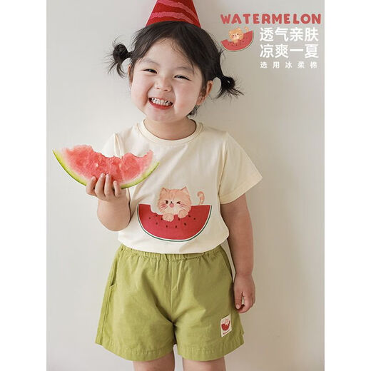 幼悠 女童西瓜系列T恤2024夏季新款可爱卡通绿色短裤宝宝束脚裤潮 短裤绿色（X3887） 130cm
