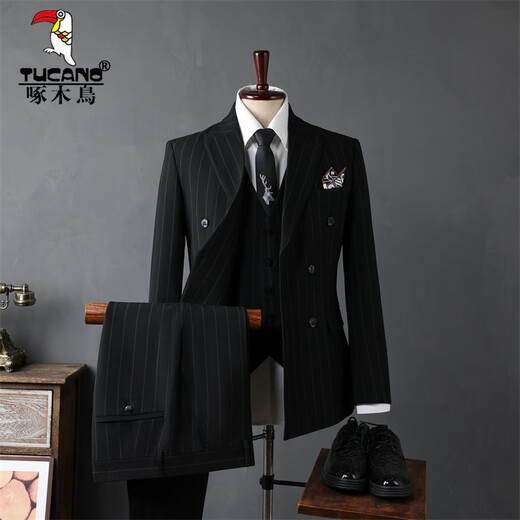 Woodpecker (TUCANO) Men's Suit Casual Business Formal Wear Groomsmen's Wear Groom's Wedding Double-breasted Striped Suit Jacket Men's Black (suit + trousers) 52/XL (125-135Jin Jin equals 0.5kg)