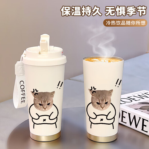 云勉猫咪保温杯不锈钢学生女款高颜值吸管大容量车载保冷杯咖啡双饮杯 FA1392线条猫 316内胆520ML配挂绳