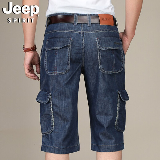 吉普（JEEP）牛仔短裤男多口袋工装裤直筒宽松时尚休闲薄款七分裤753 深蓝色 34