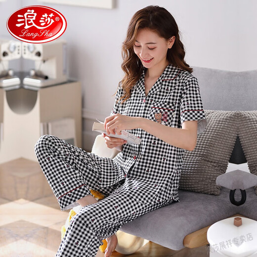 LangSha Summer 2025 New Plaid Thin Cotton Pajamas Women's Short Sleeve Trousers Summer Mom Casual Home Clothing Set 9921 M 80-100Jin [Jin equals 0.5 kg]