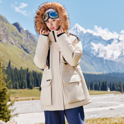 Flying in the Snow Cheng Yi's same style goose down men's and women's down jacket raccoon fur collar mid-length down jacket workwear warm oatmeal color | 7185 L 175/96A (please choose one size smaller)