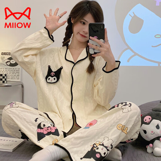 Cat Man (MiiOW) pure cotton pajamas for women in spring and autumn new long-sleeved trousers loose cardigan sweet cartoon cute home clothing set 9202 rose XL [recommended 120-140Jin [Jin equals 0.5 kg]]