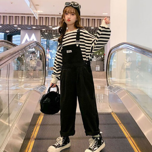 Sani Bear Girls Overalls Suit Spring and Autumn 2023 New Internet Celebrity Two-piece Set for Big Children and Girls Style Loose Trousers Black Single-piece Overalls Size 160 Recommended height is about 1.5 meters