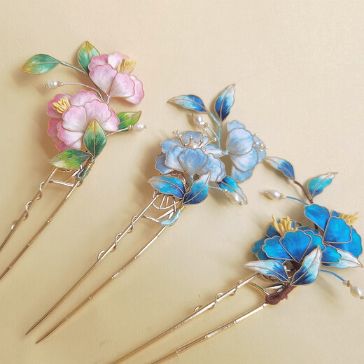 Meng Junchen antique silk gradient hairpin intangible cultural heritage handmade velvet flower hairpin Hanfu imitation dot emerald hair accessory birthday gift sapphire blue