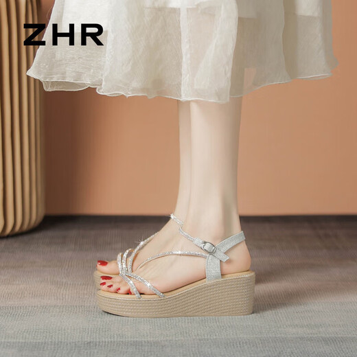 Zhr Sandalen Frauen Flash Drill Rampenhalsriemen Frauenschuhe elegante Dame Stil vielseitige Schuhe für Frauen M571 Tarnung Silber 37
