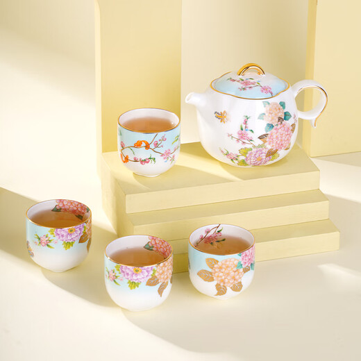 Forbidden City Culture Blooming Flowers Tea Set Bone China Teapot Teacup Tea Set Complete Set Palace Museum Cultural and Creative Gifts Gift Box (1 Pot 4 Cups)