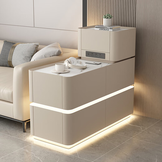 Kaishidi 2024 new style sofa side table with light and socket, light luxury and high-end sense, multi-functional side cabinet storage for small apartment living room, cream color (male steak plug + voice light strip), width 40* length 100, height 85cm