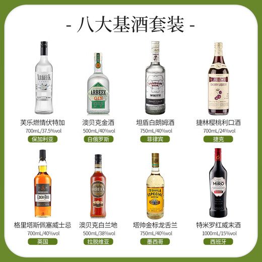 澳贝克六大基酒DIY鸡尾酒威士忌白兰地酒伏特加龙舌兰金酒 原瓶进口洋酒 【八大基酒套装2】8瓶送豪礼