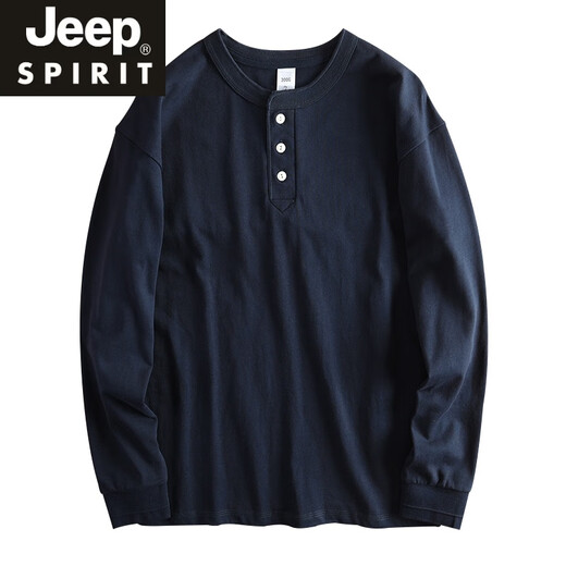 JEEP SPIRIT heavyweight cotton T-shirt men's long-sleeved inner Japanese retro bottoming shirt loose trendy T-shirt top new Henry shirt military green M