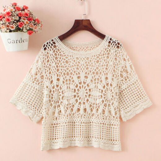 Hollow Knitted Blouse Hollow Blouse Summer Top Short Beach Skirt Knitted Sweater Women's Outerwear Pullover Shawl Women's Crochet Jacket Beige One Size Recommended 90-130Jin [Jin equals 0.5kg]