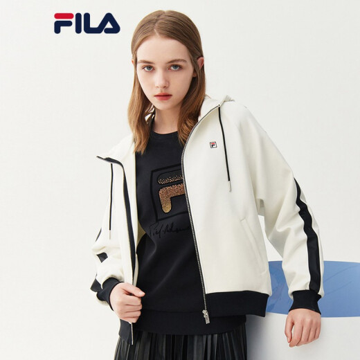 FILA Women's Official Sports Jacket Women's Long Sleeve Hooded Loose Fashionable Knitted Cardigan Jacket Women's Top Cloud Mushroom White-WT165/84A/M