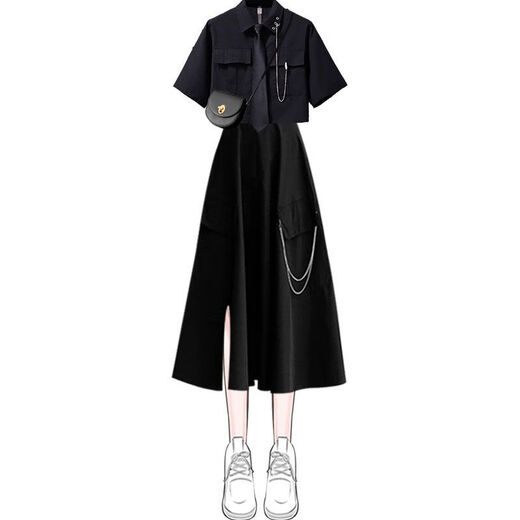 宛四胖mm大码衣服女装新款2024套装显瘦夏天学生夏季甜酷女韩版宽松设 白衬衫黑不规则裙子 1389# M 建议95-110斤