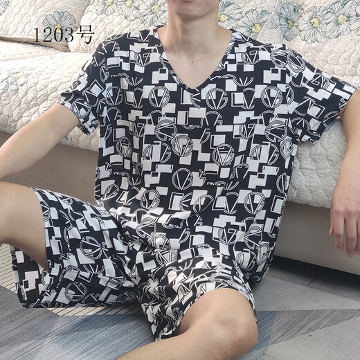 睡衣男棉绸绵绸睡衣男夏短袖短裤大码青年薄款宽松套头人造棉家居服棉绸套装 1203号色 3XL合适体重160斤以内