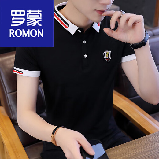 
ROMON Summer trendy stand collar t-shirt men's short-sleeved T-shirt with neckline half-sleeved men's T-shirt polo shirt high-end light luxury 9903 black 165/M