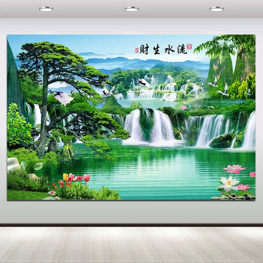 The landscape painting of the flowing water makes money, beautiful artistic conception, living room attracts wealth, and hanging paintings, welcoming pine waterfall background mural A32PP glue with glue on the back 80*120 cm
