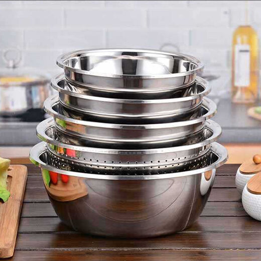 Shenggongman five-piece stainless steel basin thickened vegetable basin leaky basin vegetable basin round basin five-piece set (4 solid basins + 1 leaky basin) 22, 24, 26, 28, 30cm