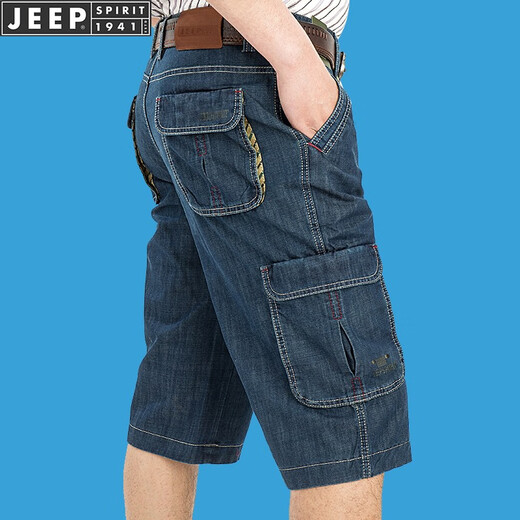 JEEP SPIRIT吉普休闲牛仔短裤男直筒宽松夏季七分裤多口袋工装中裤753 深蓝753 40码3尺