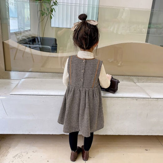 G.duck2025 New Children's Clothing Autumn and Winter Girls' Velvet Plaid Suspender Skirt Female Baby Western-style Tank Top Skirt Children's Skirt Skirt + Sweater Suit 120 cm Recommended height is about 110 cm