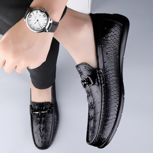 Fugui Bird Herrenschuhe Sommerzehen Schicht Cowide Business Casual Crocodil Muster Mütze weiche Sohle atmungsaktiven leichten Fahren lässige Schuhe Herren schwarzes Muster Yulin Fg9920 38