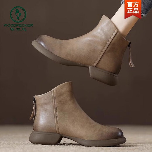 Woodpecker Broken Code Genuine Leather Retro Back Zipper Martin Boots Women's Single Boots 2025 Autumn and Winter New Short Boots Women's Khaki Velvet 37