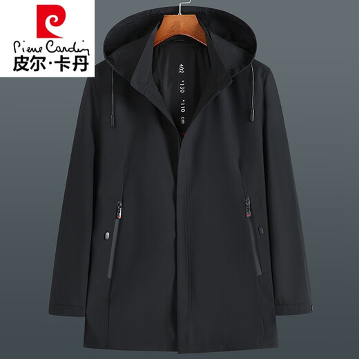 Pierre Cardin light luxury high-end plus size spring and autumn men's mid-length windbreaker plus fat extra large loose fat man coat removable hood windbreaker black 205