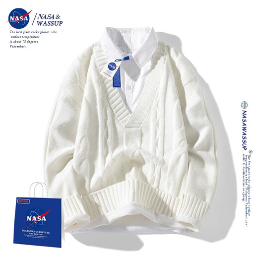 Nasawassup official fashion brand co-branded sweater men's autumn and winter solid color shirt collar fake two-piece warm college style men's sweater off-white XL (recommended 120-140Jin Jin equals 0.5 kg)