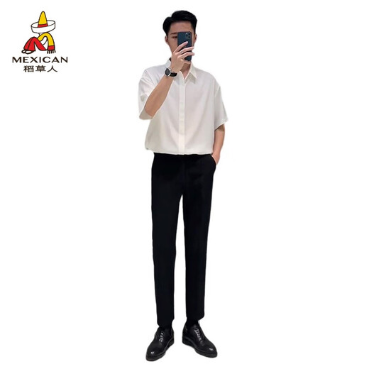 
Scarecrow summer men's short-sleeved shirt suit handsome and mature wind and ice silk shirt teenager slim casual matching light green shirt + suit pants [two-piece] XL