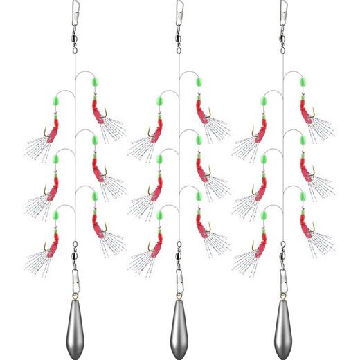 Xionghuo bionic string hook, cocked mouth, white strip fishing group, Luya fish skin set, sequin hook, sea fishing bait, string fishing, anti-tangle shrimp skin, 5 pairs, 6 hooks, red leather string hook + 10g lead pendant, No. 5