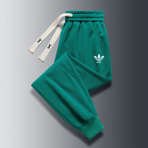 Clover shell toe autumn and winter new men's pure cotton sweatpants large size knitted fashionable white sweatpants loose plus velvet casual trousers trendy green spring and autumn style L recommended weight 110-130Jin Jin equals 0.5 kg