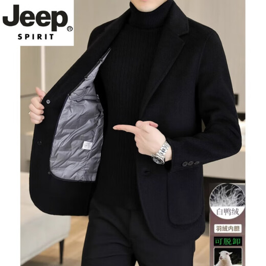 JEEP SPIRIT轻奢高档羊绒大衣男士羊毛西装男装秋冬短款羽绒内胆双面呢外套男 818黑色（双面呢） （63羊毛脱卸 M （95-105斤）