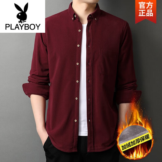 Playboy (PLAYBOY) 2024 Men's corduroy long-sleeved shirt in autumn and winter plus velvet thickened warm casual shirt light men WL easy to care SJ723 dark gray plus velvet L 175 easy to care 175