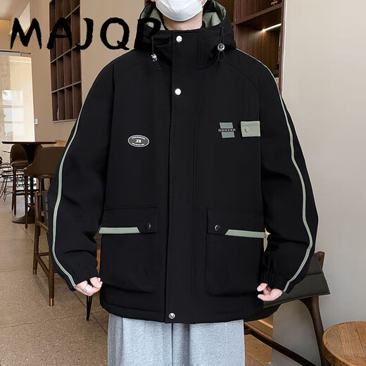 MAJQP夹克棉衣外套男加绒加厚秋冬款青少年男士宽松保暖连帽学生外套潮 719-加绒-黑色 L 100-115斤