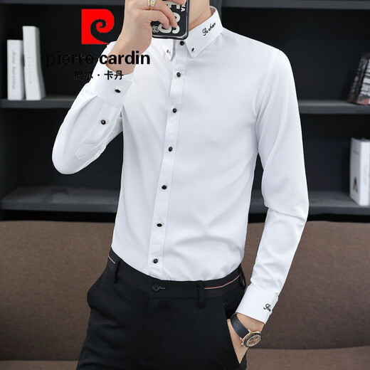 皮尔卡丹（pierre cardin）新款薄款衬衫男春秋长袖韩版修身潮衬衣商务休闲坠感弹力透气免烫 三扣黑色 2XL （推荐体重135-145左右）