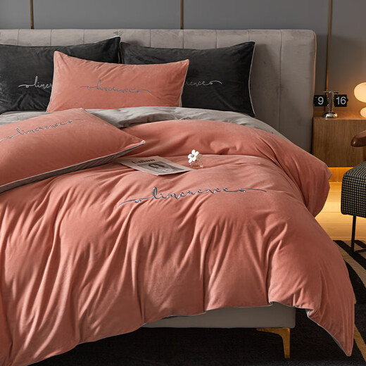 MUJI Class A baby milk velvet four-piece set winter double-sided velvet sheet quilt cover flannel quilt cover sheet bedding Class A baby velvet Allure Pink + Modern Gray 1.8m bed sheet style four-piece set - quilt cover 200*230cm