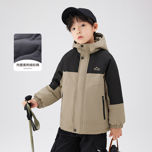 Zuoxi Children's Clothing Boys' Cotton Clothes 2025 New Children's Winter Velvet Charge Jackets Thickened Padded Jackets Autumn and Winter Clothes Khaki 120 Recommended height is about 120cm
