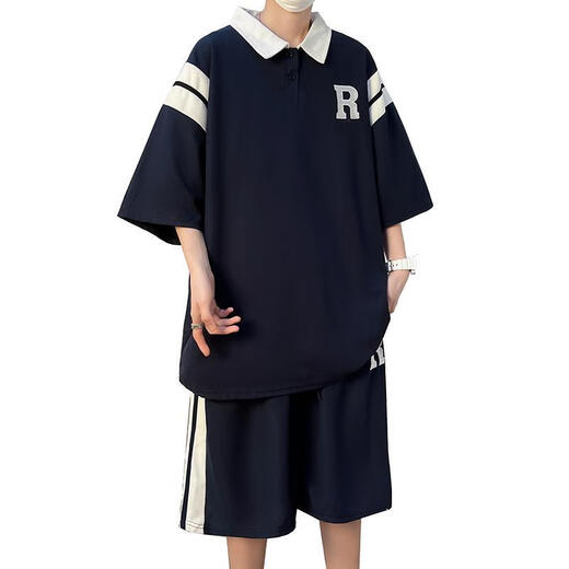 简方位大童男装12岁到15岁短袖中学生T恤夏季POLO衫套装男孩12-15岁青少 5012绿色短袖+短裤 均码  M 70-100斤左右