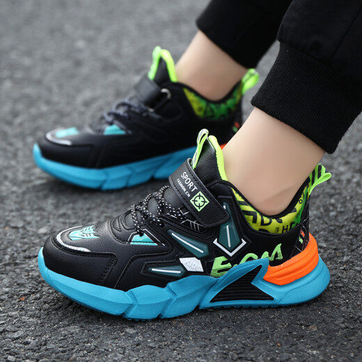 New Boys' Shoes 2020 Autumn and Winter New Leather Waterproof Children's Sports Shoes Two Cotton Medium and Large Children's Fashion Internet Celebrity Model AKX501 Black and Green Leather Surface 31 Size/Inner Length 19.8cm