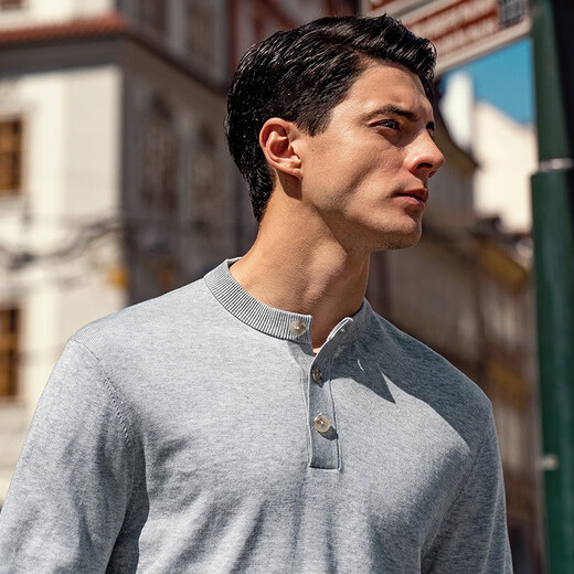 Mr. Bu Henry collar pure cotton sweater long-sleeved men's spring and autumn new three-button men's retro casual BT12255 light gray M (170)