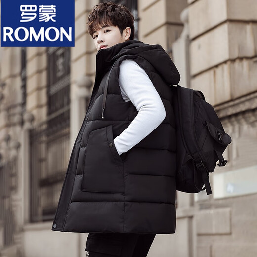ROMON down cotton vest men's winter mid-length outer wear thickened vest youth thermal vest large size jacket black 815 print 4XL 155-175Jin Jin equals 0.5 kg