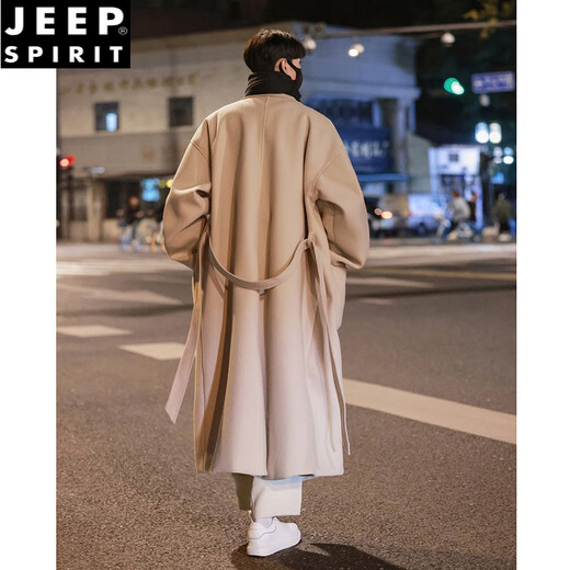 JEEP SPIRIT British style woolen coat men's mid-length winter thickened Korean style handsome high-quality over-the-knee woolen windbreaker jacket off-white XL