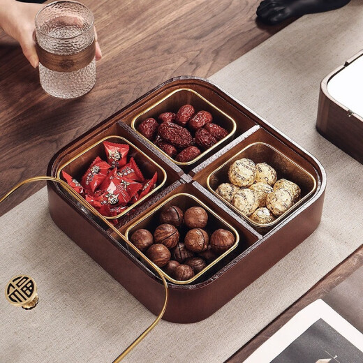 CRISTALGLASS dried fruit box melon seeds candy coffee table solid wood nut snack storage fruit plate living room home display refreshments new Chinese style Jinfu solid wood 4 grid single layer