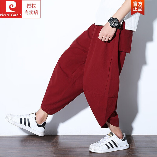 皮尔卡丹（pierre cardin）夏季亚麻七分裤男潮流大码灯笼裤泰国阔腿萝卜裤宽松休闲哈伦裤子 黑色 XL
