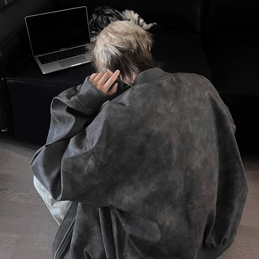 7家优品字母印花灰色棒球服外套男秋冬欧美hiphop高级感皮衣美式高街夹克 SSQFS-687灰色 M