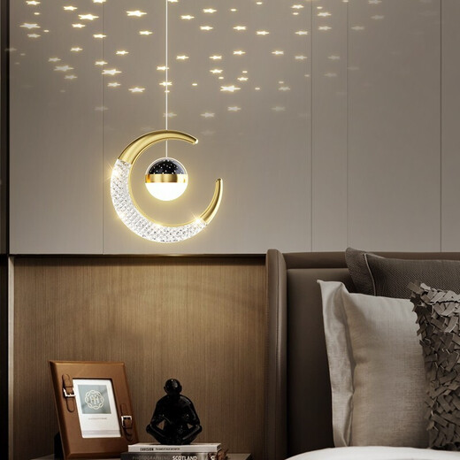 Muduo Bedside Chandelier Modern Simple Light Luxury 2025 New Nordic Design Creative Personalized Moon Bedroom Chandelier Crescent Gold 20CM2m Crane Line LED Three-color Dimming